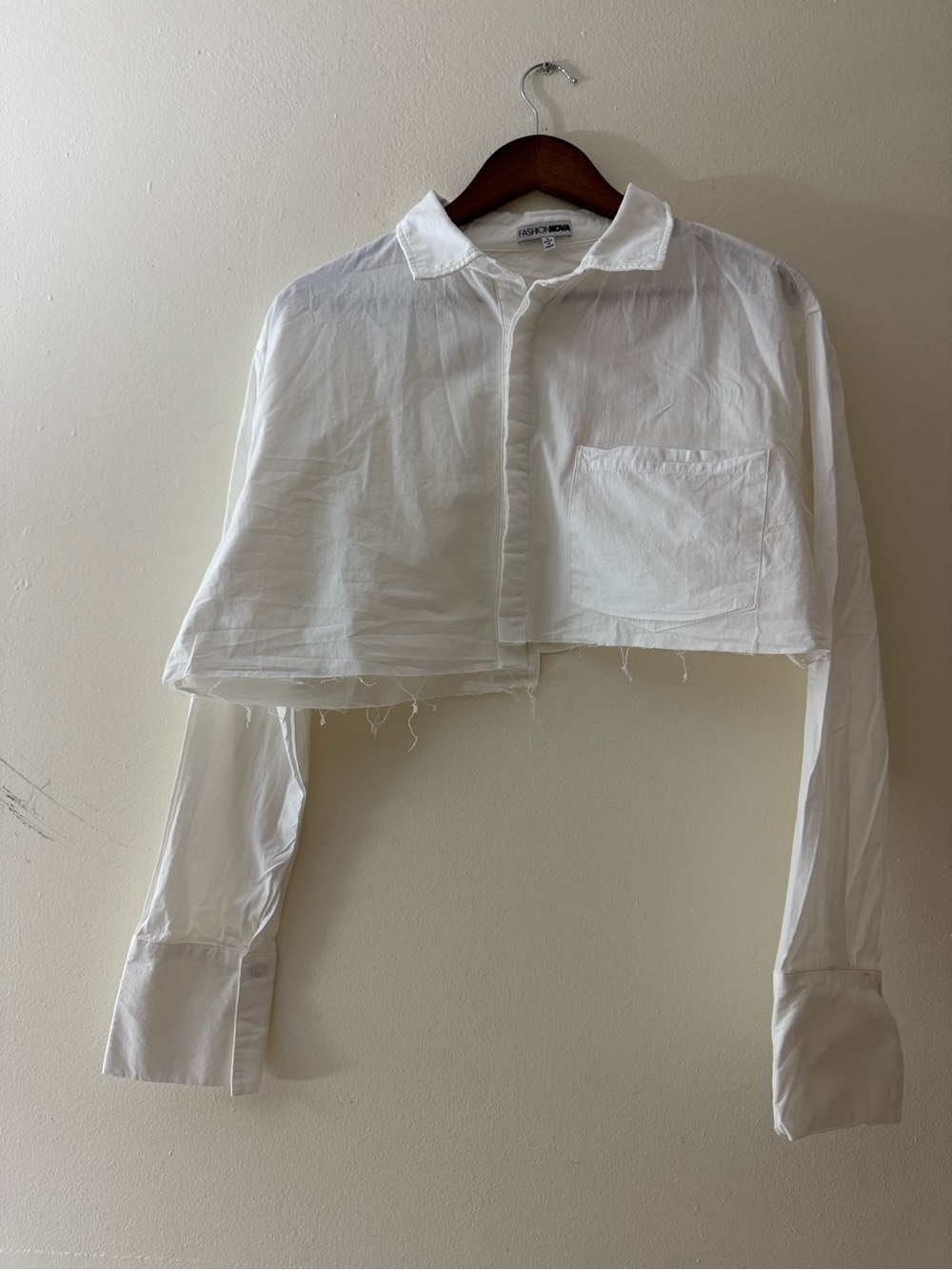 Fashion Nova White Cropped Button-Up Shirt 100% Cotton